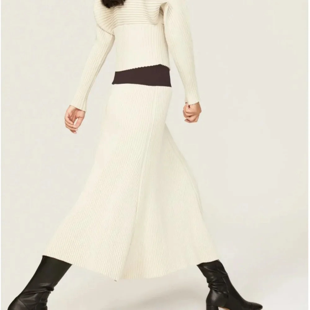 Tory Burch Cream Ribbed Maxi Skirt with Black Waistband